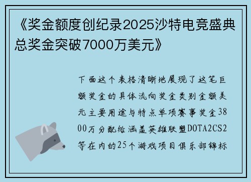《奖金额度创纪录2025沙特电竞盛典总奖金突破7000万美元》
